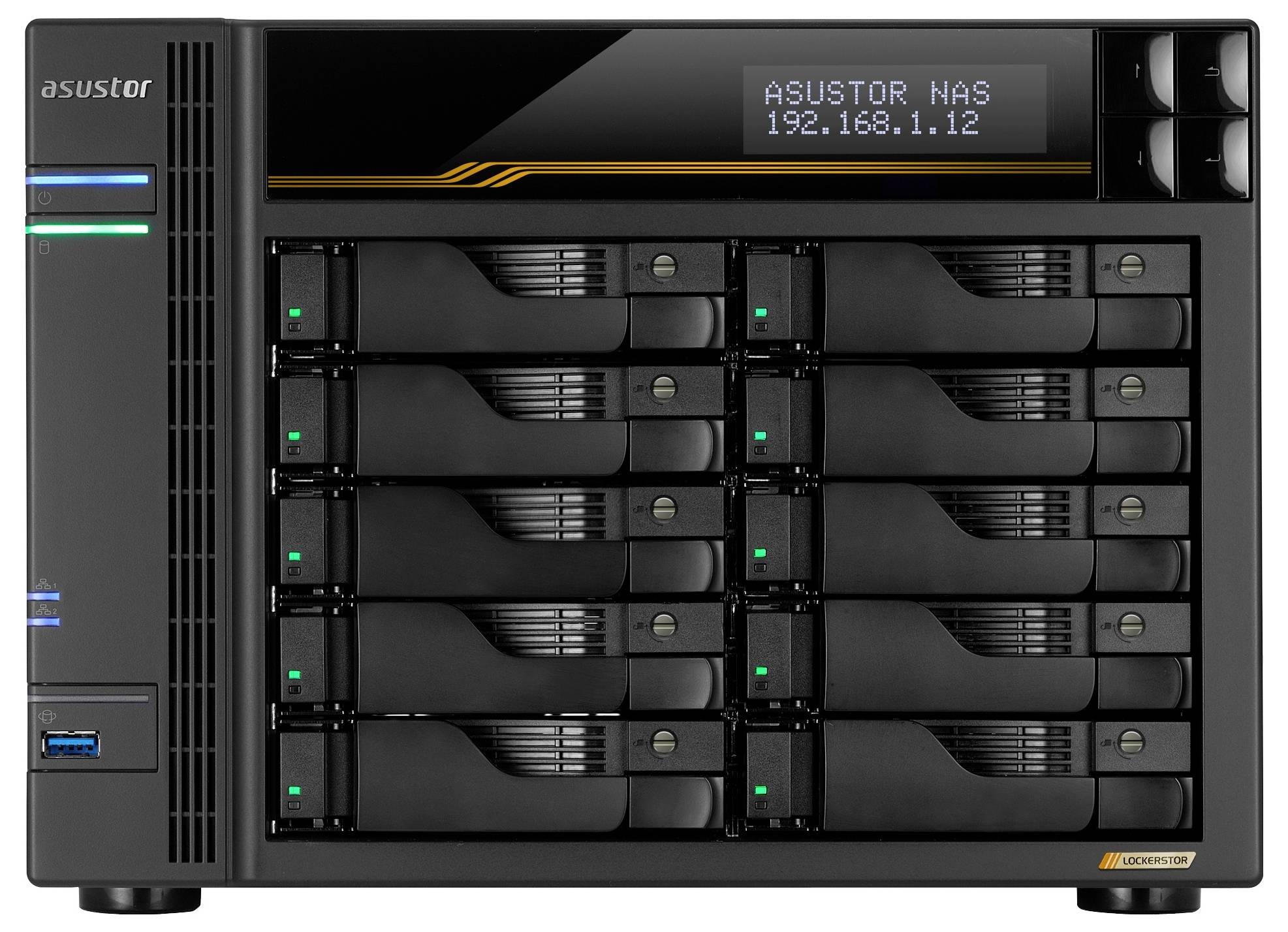 Vorderansicht eines ASUSTOR NAS-Servers mit acht Festplattenschächten, Statusleuchten und einem Display, das 