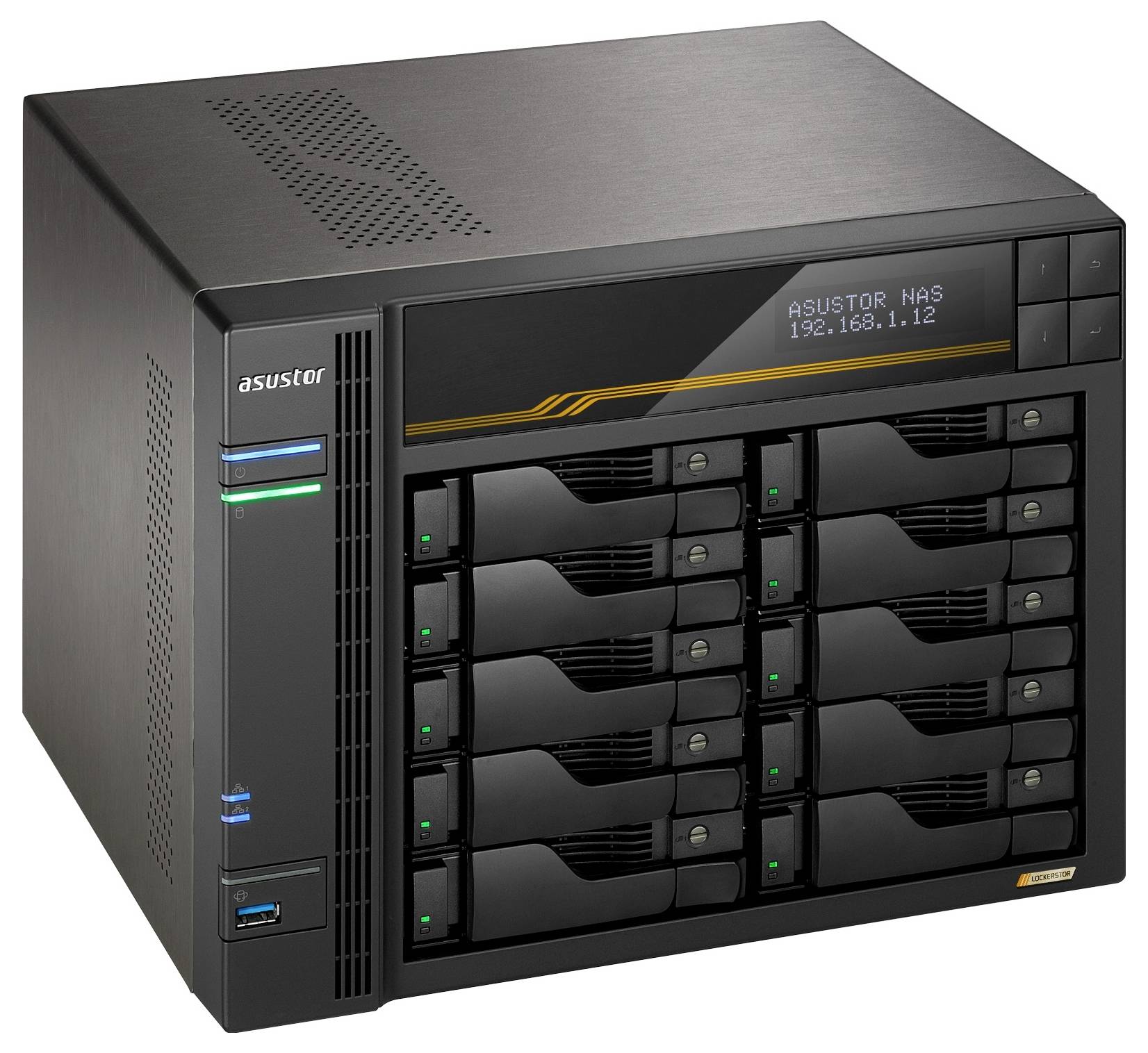 Schwarzer ASUSTOR NAS-Speicherserver mit mehreren Hot-Swap-Laufwerkschächten und einem kleinen Frontdisplay mit der Anzeige „ASUSTOR NAS 192.168.1.12