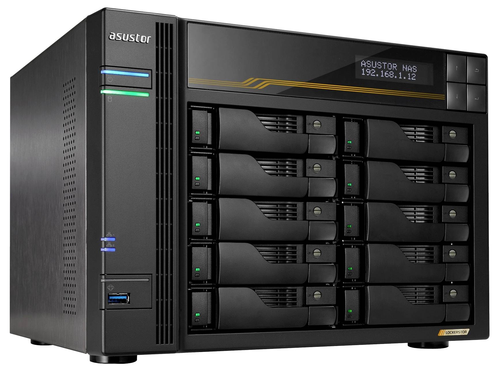Schwarzer Asustor NAS-Server mit mehreren vorderen Festplattenschächten, Statusleuchten und einem kleinen Display, das „ASUSTOR NAS