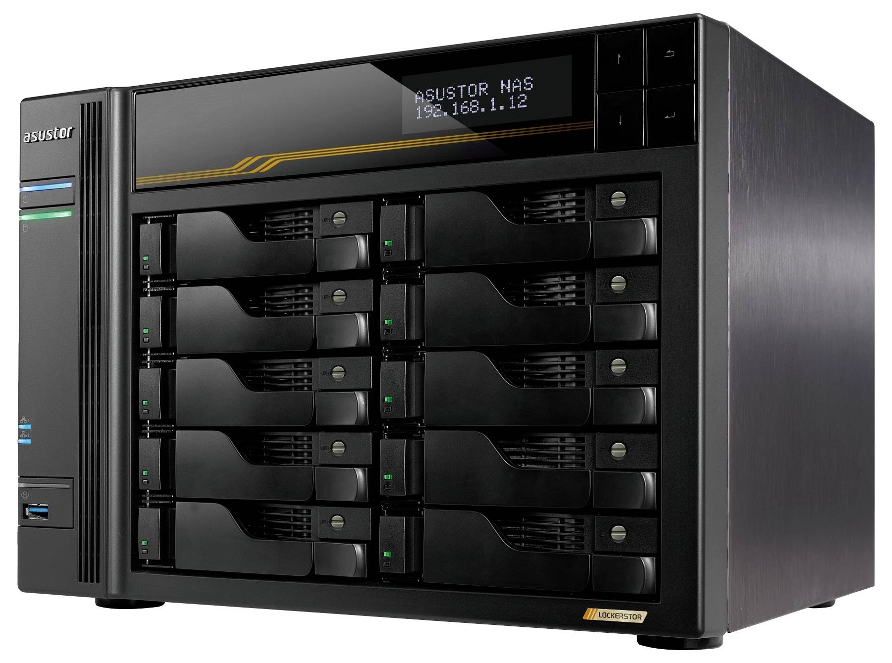 Vorderansicht eines Asustor NAS-Speicherservers mit 12 Festplattenschächten und einem kleinen Display, das „ASUSTOR NAS
