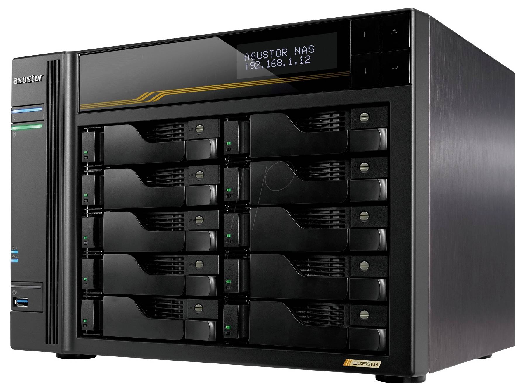 Vorderansicht eines ASUSTOR NAS-Speicherservers mit mehreren Festplattenschächten und einem kleinen Display, das 