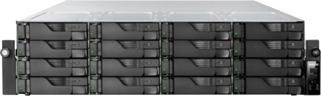 Frontansicht eines Rack-Mount-Speicherservers mit mehreren Hot-Swap-Laufwerkschächten und Statusleuchten, dargestellt in einem grauen Metallgehäuse.