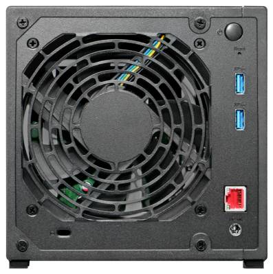 Rückansicht eines Computer-Netzteils mit einem großen Kühlventilator, Stromschalter, zwei USB-Anschlüssen und einem Netzwerkport.