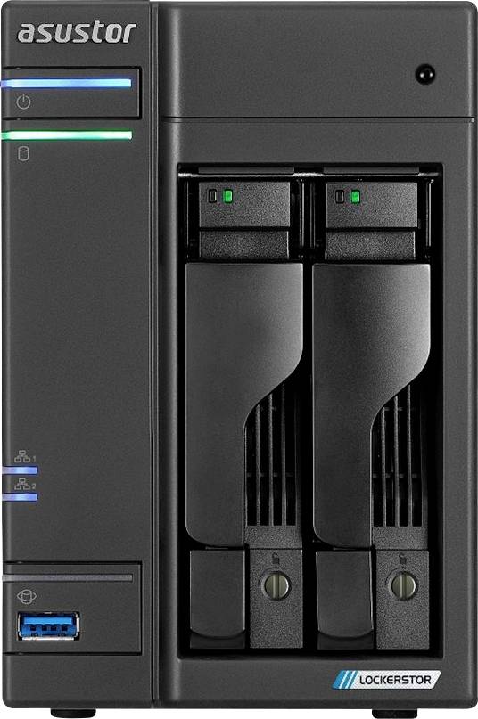 Vorderansicht eines Asustor Lockerstor NAS mit zwei Festplattenschächten, Statusleuchten und einem USB-Anschluss.