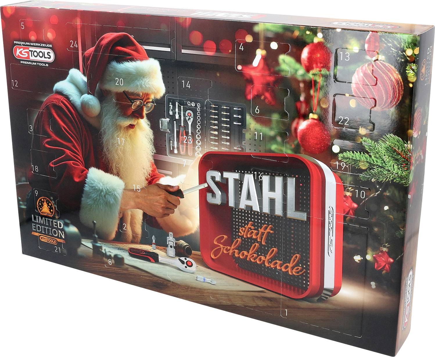 Ein weihnachtliches KSTools-'Sondereditions'-Adventskalender-Set mit dem Weihnachtsmann, der an einer Werkbank arbeitet, neben einem roten „STAHL