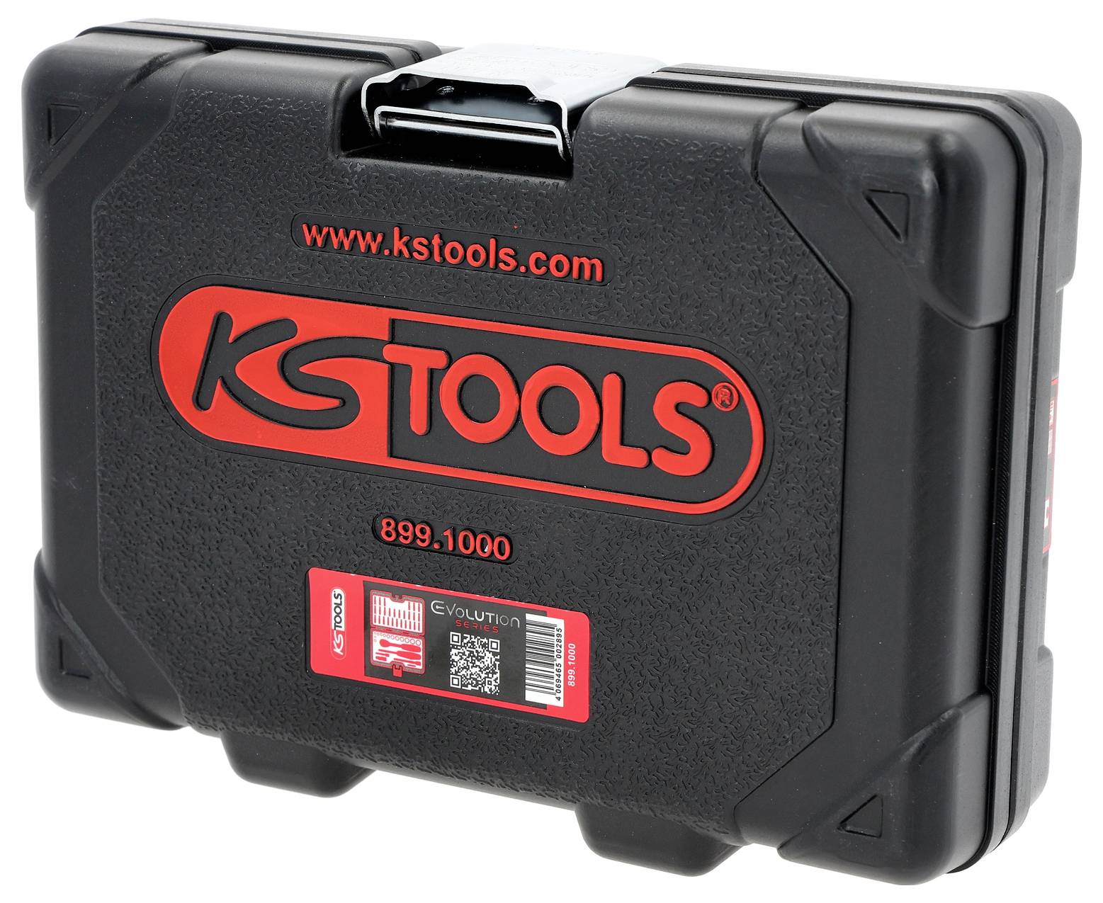 Schwarzer KSTOOLS Hartkunststoff-Koffer mit rotem Logo und Website, Modell 899.1000, geschlossen auf weißem Hintergrund