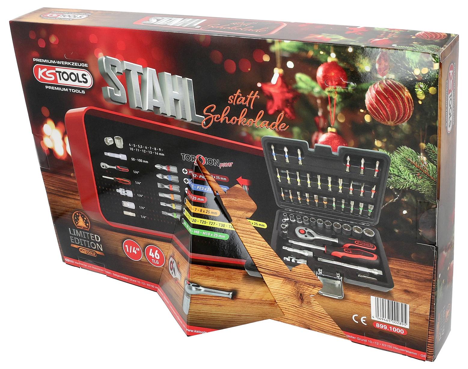 KSTools 46-teiliges Stab-Schokoladen-limitierte Werkzeugsatz in einer Geschenkbox, zeigt sortierte Schraubendreher- und Stecknussaufsätze in einem Koffer.