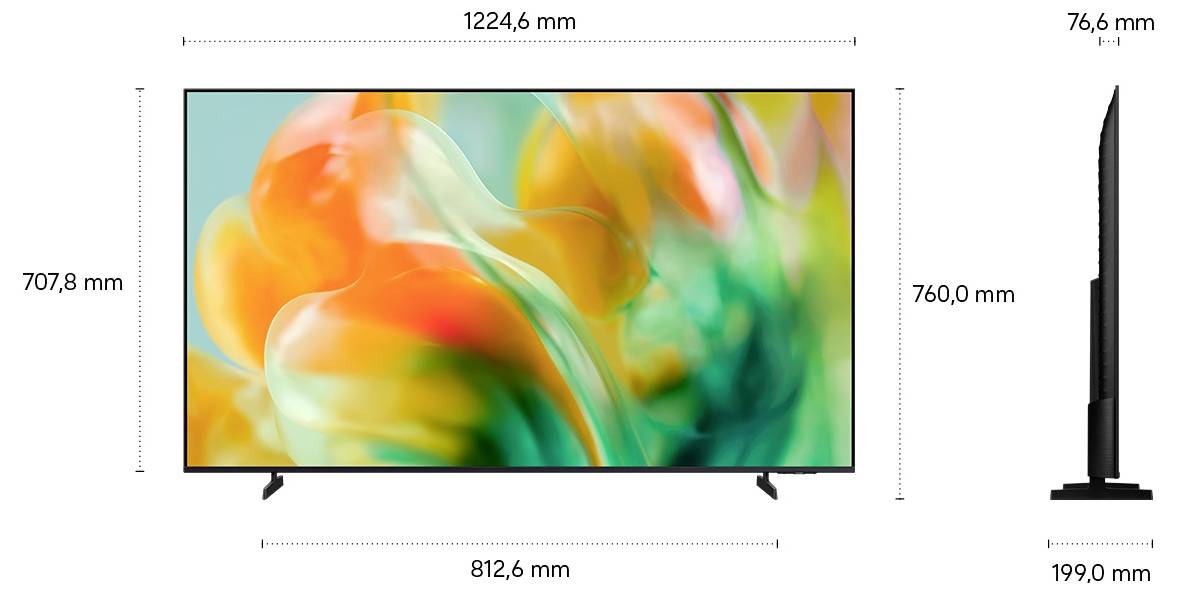 Seiten- und Frontproduktabmessungen eines Flachbildfernsehers mit farbenfroher abstrakter Anzeige, zeigend Breite 1224,6 mm, Höhe 707,8 mm, Tiefe 76,6 mm und Ständertiefe 199,0 mm.