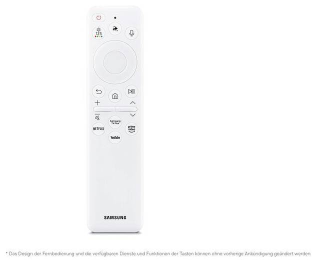 Weiße Samsung TV-Fernbedienung mit Sprachfunktion, Navigations-, Home-, Lautstärke-, Kanal- und Streaming-App-Tasten einschließlich Netflix, YouTube, Prime Video und Samsung TV Plus.