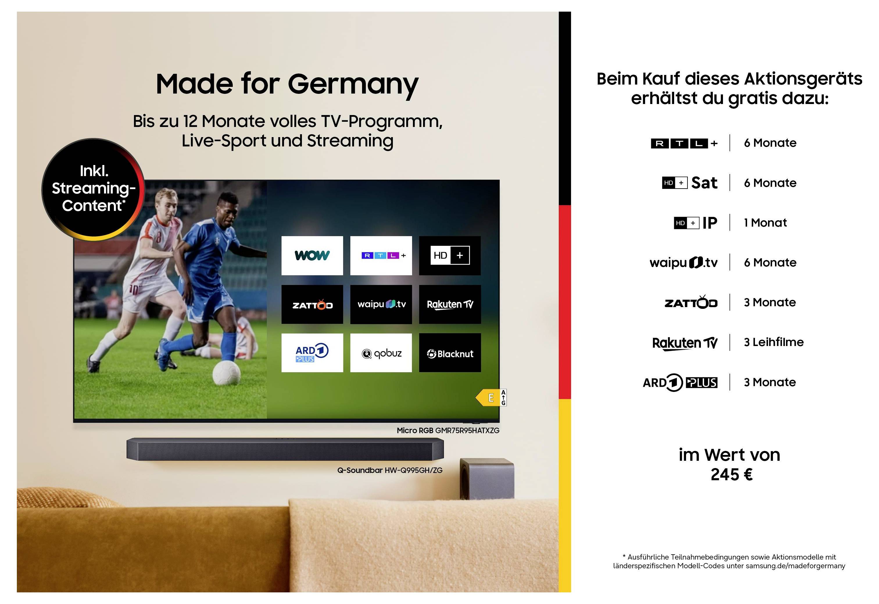 Werbegrafik für eine TV-Soundbar in Deutschland, die ein Fußballspiel und App-Kacheln zeigt; der Text sagt „Made for Germany