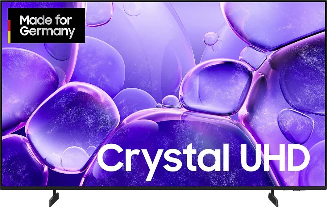 Samsung Crystal UHD TV Display mit violetten kristallartigen abstrakten Grafiken und „Made for Germany
