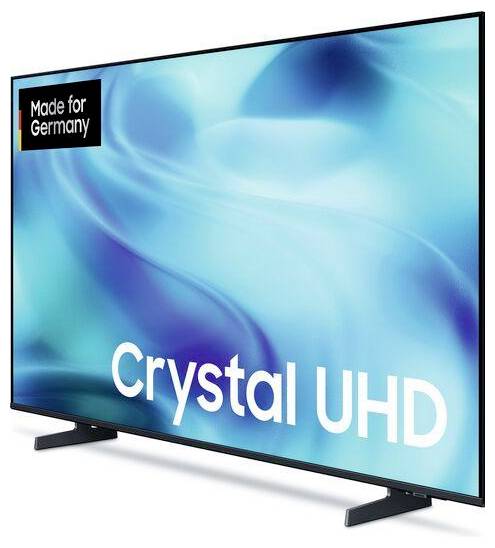 Flachbildfernseh-Display mit blauem abstraktem Hintergrund und großem Text „Crystal UHD