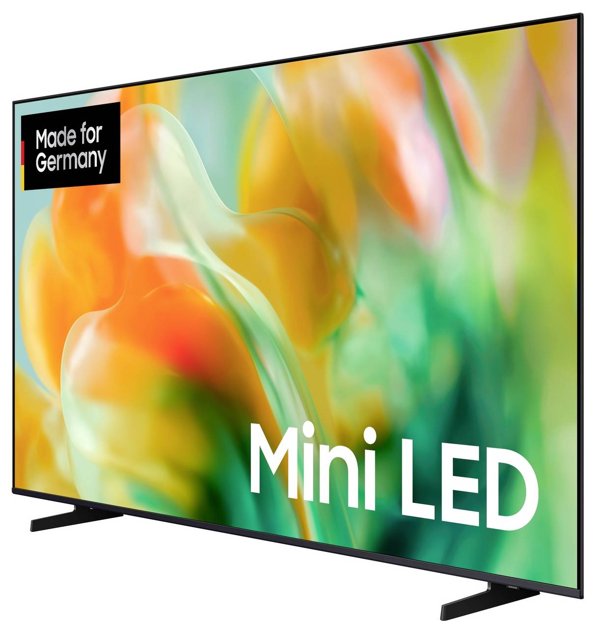 Ein Flachbildfernseher mit einem farbenfrohen abstrakten Bild auf dem Display, mit „Made for Germany
