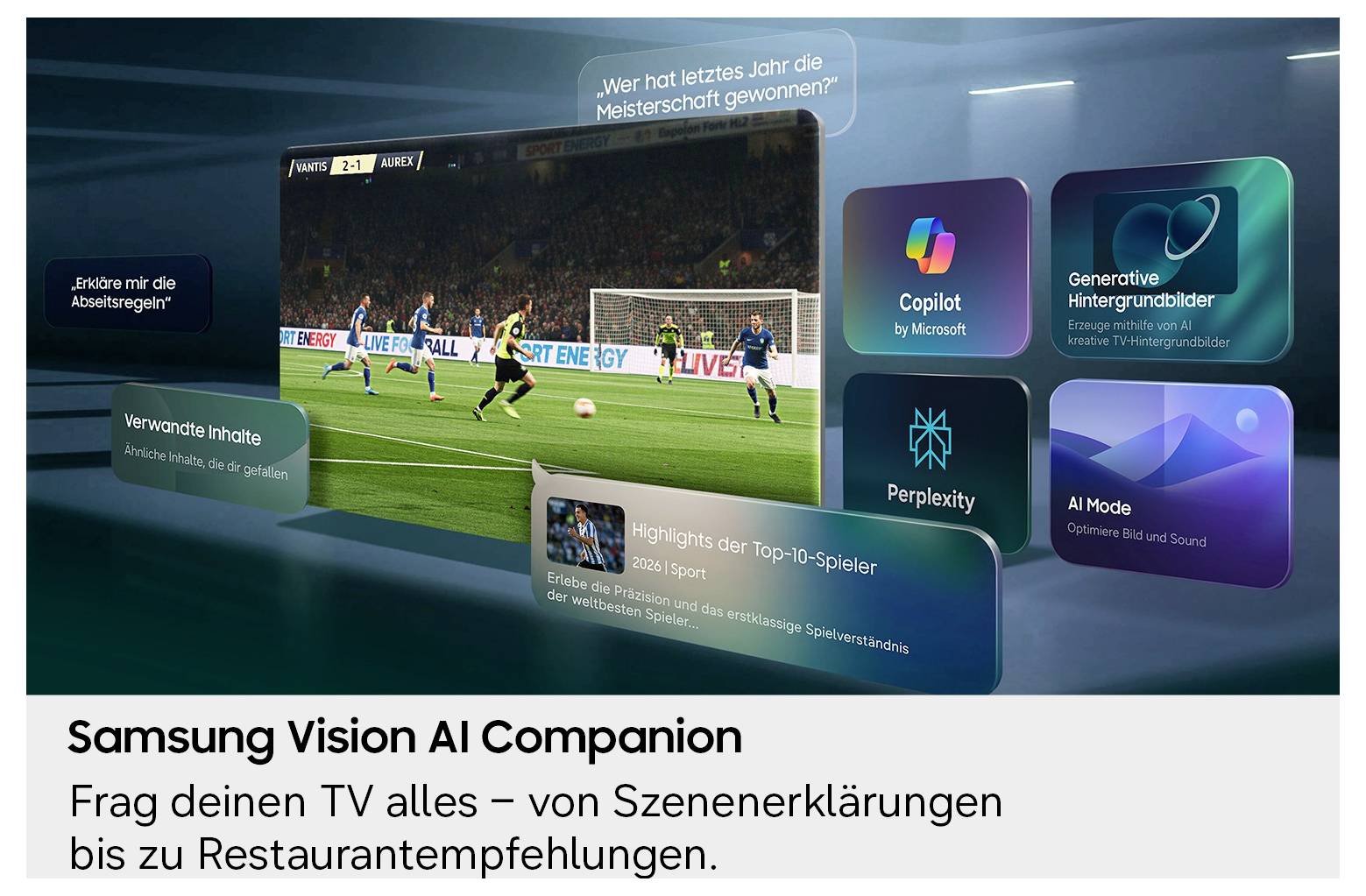 Samsung Vision AI Companion Anzeige, die einen Fernseher zeigt, der die Frage 