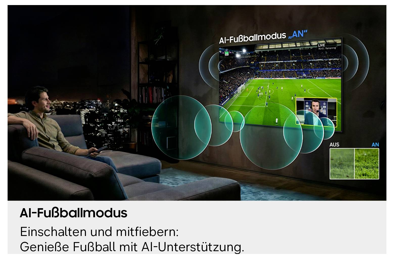 Werbebild eines Mannes, der ein Fußballspiel im Fernsehen mit AI-Anzeigemodus schaut, mit dem Text „AI-Fußballmodus