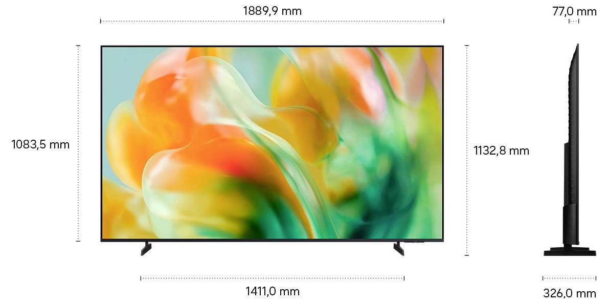 Seitenansicht und Frontansicht eines Flachbildfernsehers mit beschrifteten Abmessungen in Millimetern, die Breite, Höhe, Tiefe und Ständergröße zeigen.