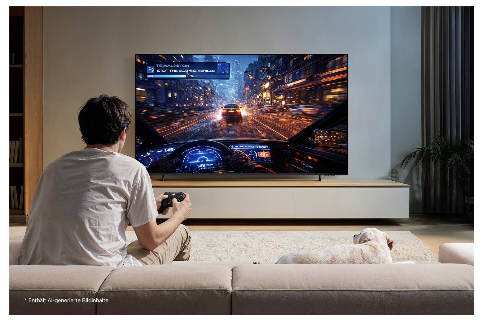 Ein Mann sitzt auf einem Sofa und spielt ein Rennvideospiel auf einem großen Fernseher, während ein Hund neben ihm in einem modernen Wohnzimmer liegt.