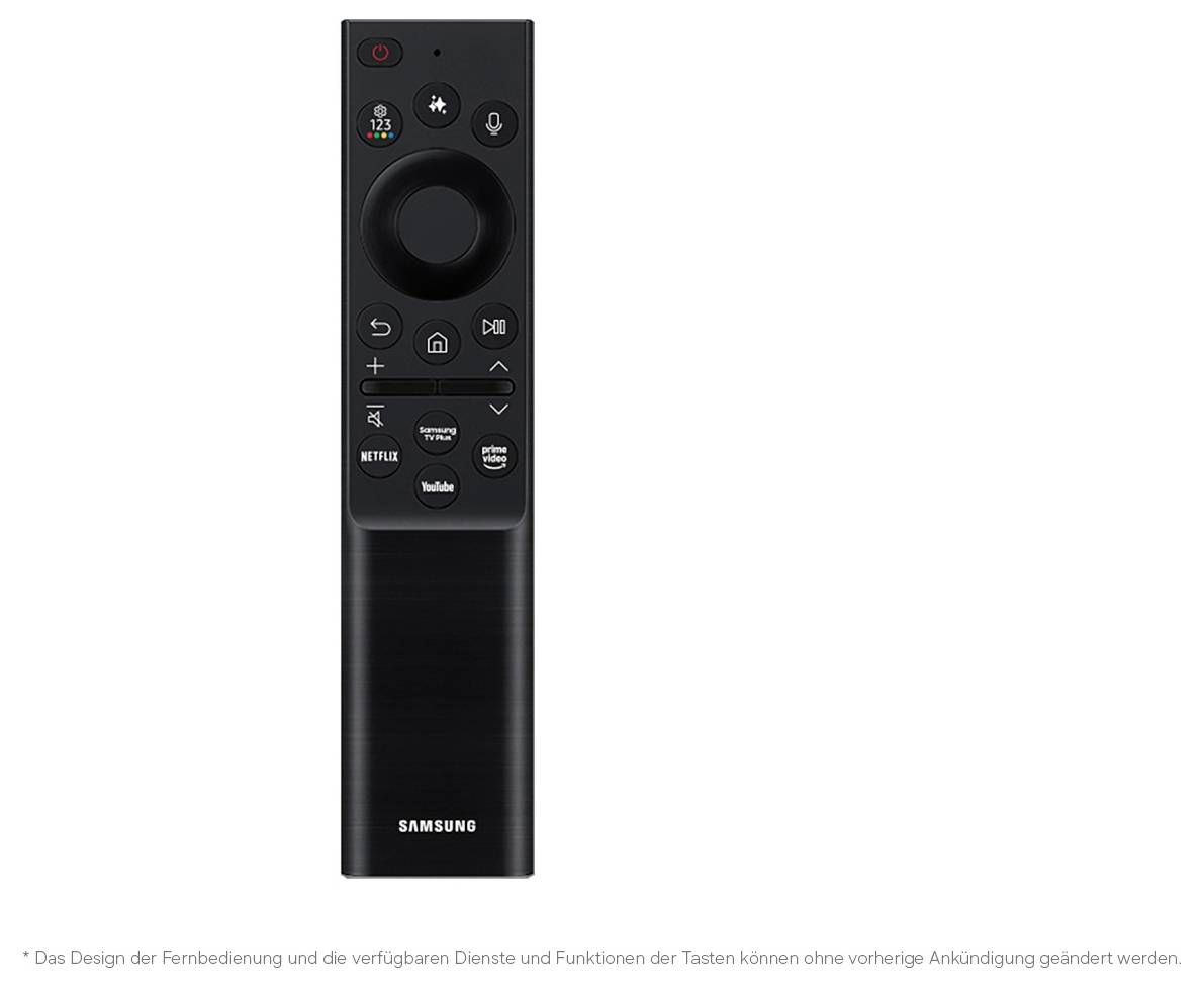 Schwarze Samsung TV Fernbedienung mit kreisförmigem Navigationspad und dedizierten Streaming-, Home-, Lautstärke- und Kanaltasten.