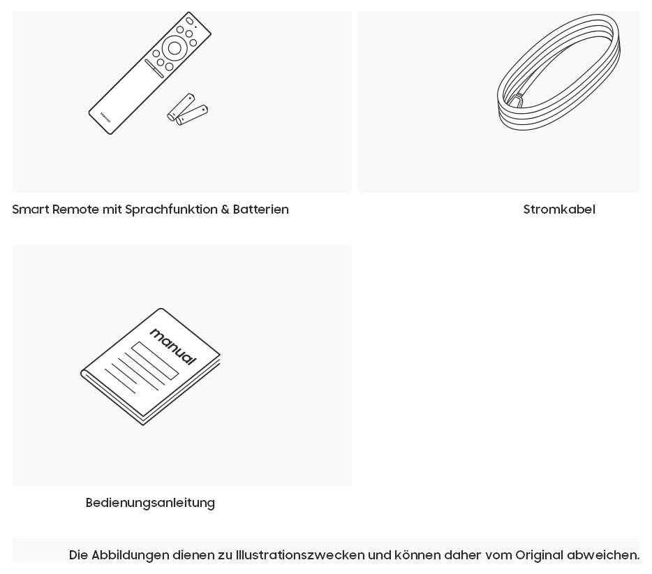 Abbildung der im Lieferumfang enthaltenen Zubehörteile: intelligente Fernbedienung mit Sprachfunktion und Batterien, Stromkabel und Bedienungsanleitung; Hinweis besagt, dass Bilder zu Illustrationszwecken dienen und vom Original abweichen können.