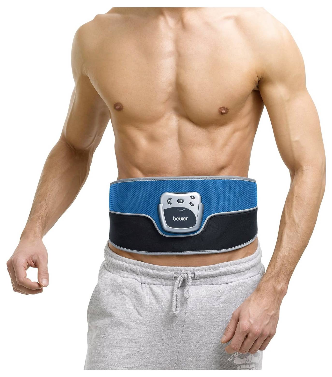 Oberkörper eines Mannes, der einen blau-schwarzen Bauchmasgurt um die Taille trägt.