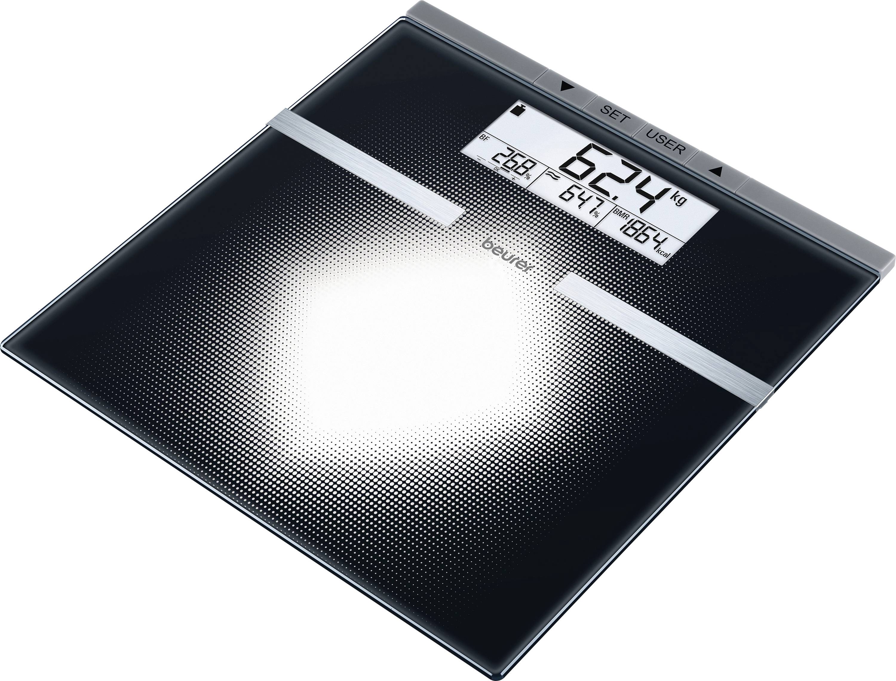Digitale Personenwaage zeigt 62,4 kg auf ihrem LCD-Display an.