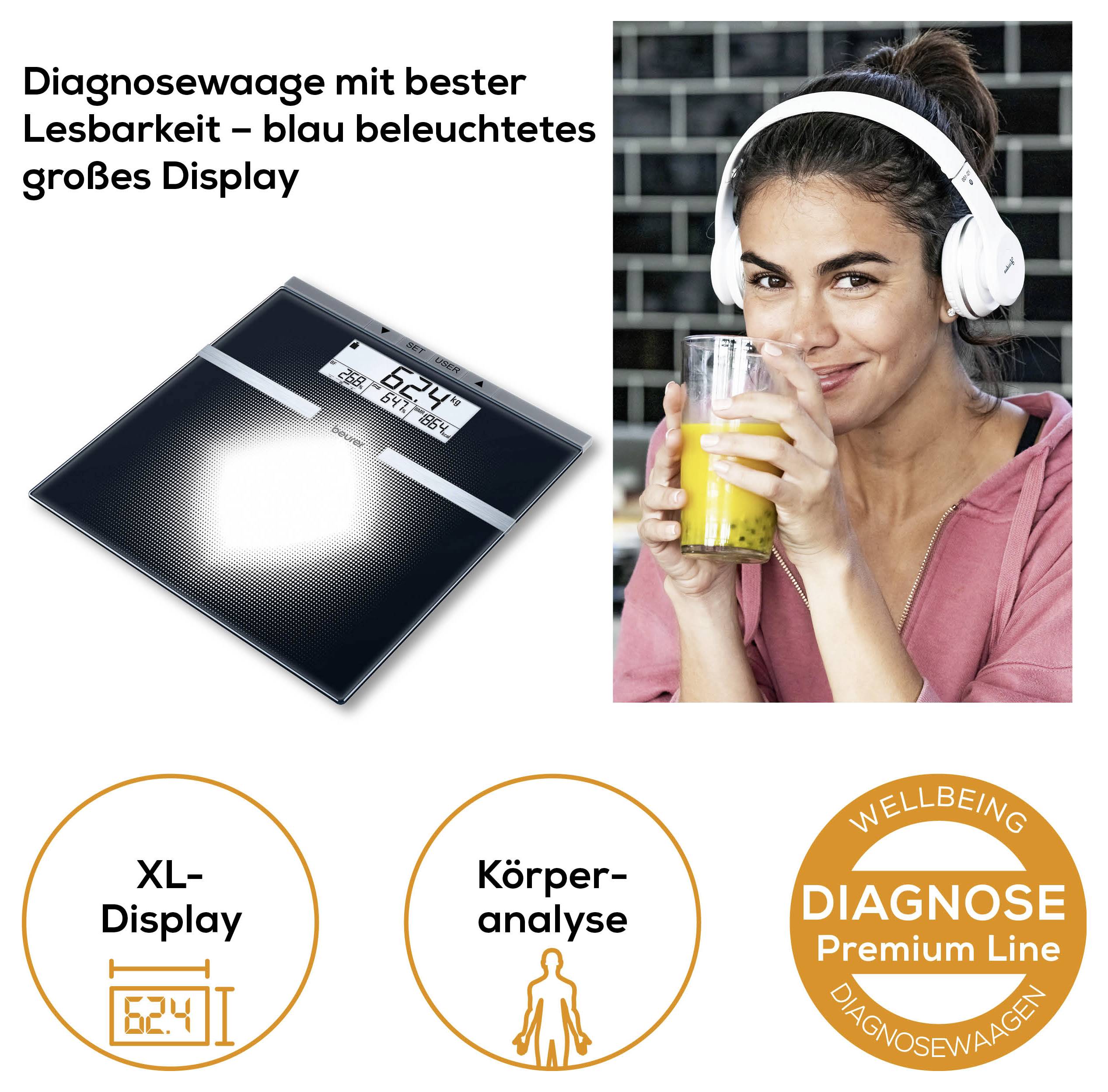 Werbebild einer Diagnosewaage mit blau beleuchtetem Display und einer Frau mit Kopfhörern, die ein Getränk hält; unten Symbole für XL-Display, Körperanalyse und 'DIAGNOSE Premium Line'.