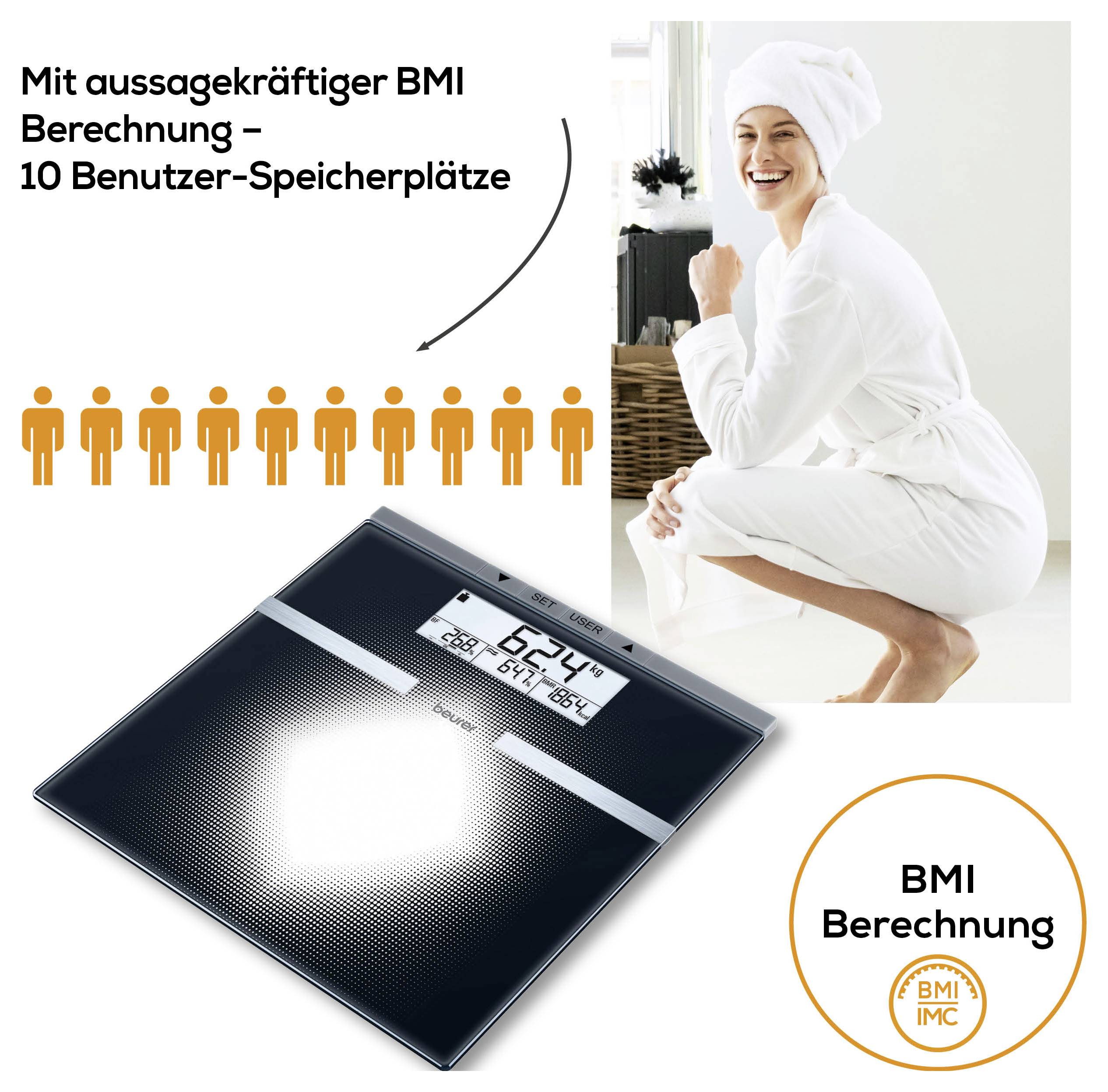 Werbung für Körperanalysewaage mit BMI-Berechnung und 10 Benutzerspeicherplätzen; zeigt Waage, lächelnde Frau und BMI-Symbol.