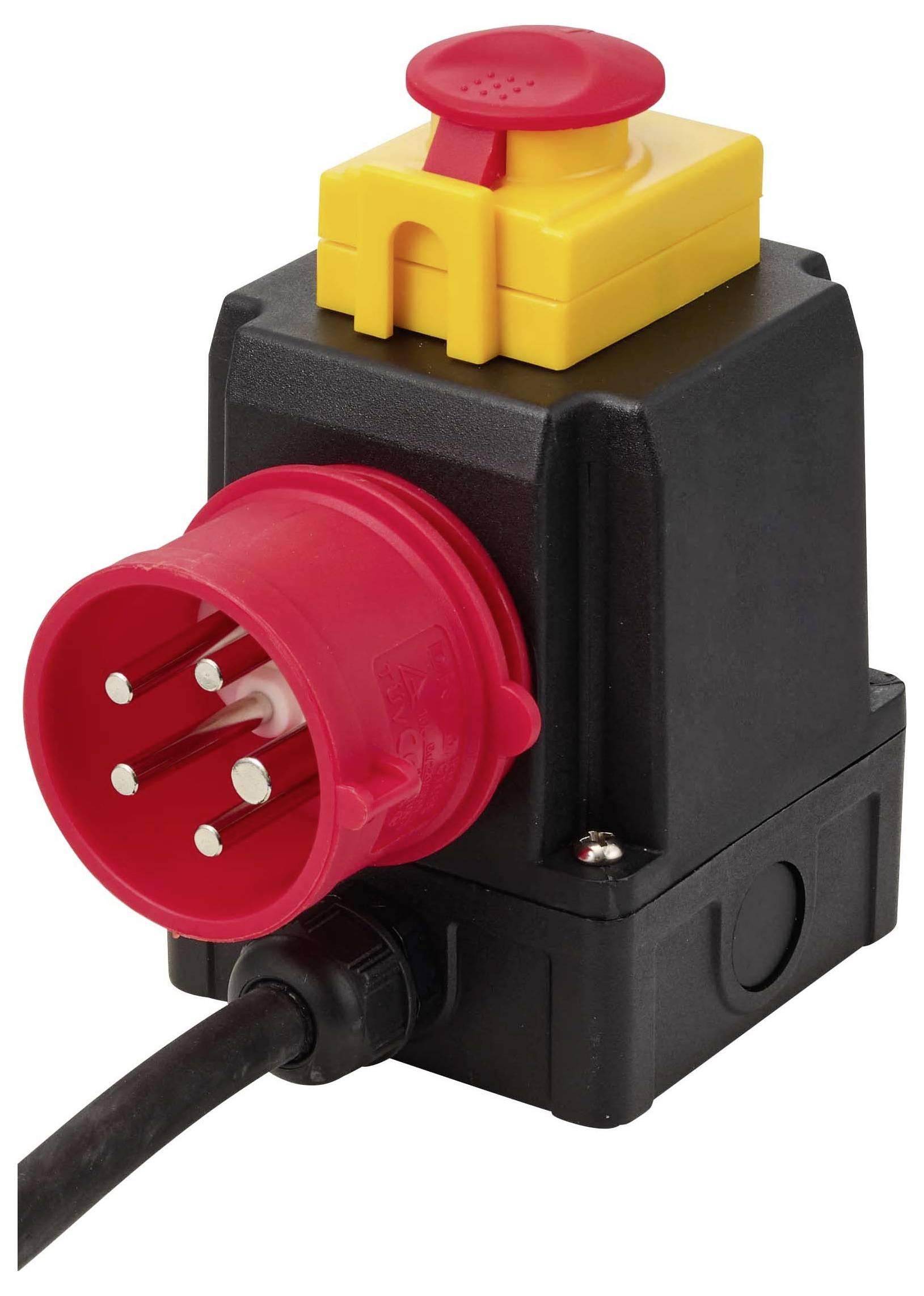 Industrieller Elektrostecker mit rotem 5-poligem Stecker, gelbem Sicherheitsentriegelungsknopf und angeschlossenem schwarzem Kabel auf schwarzem Gehäuse.