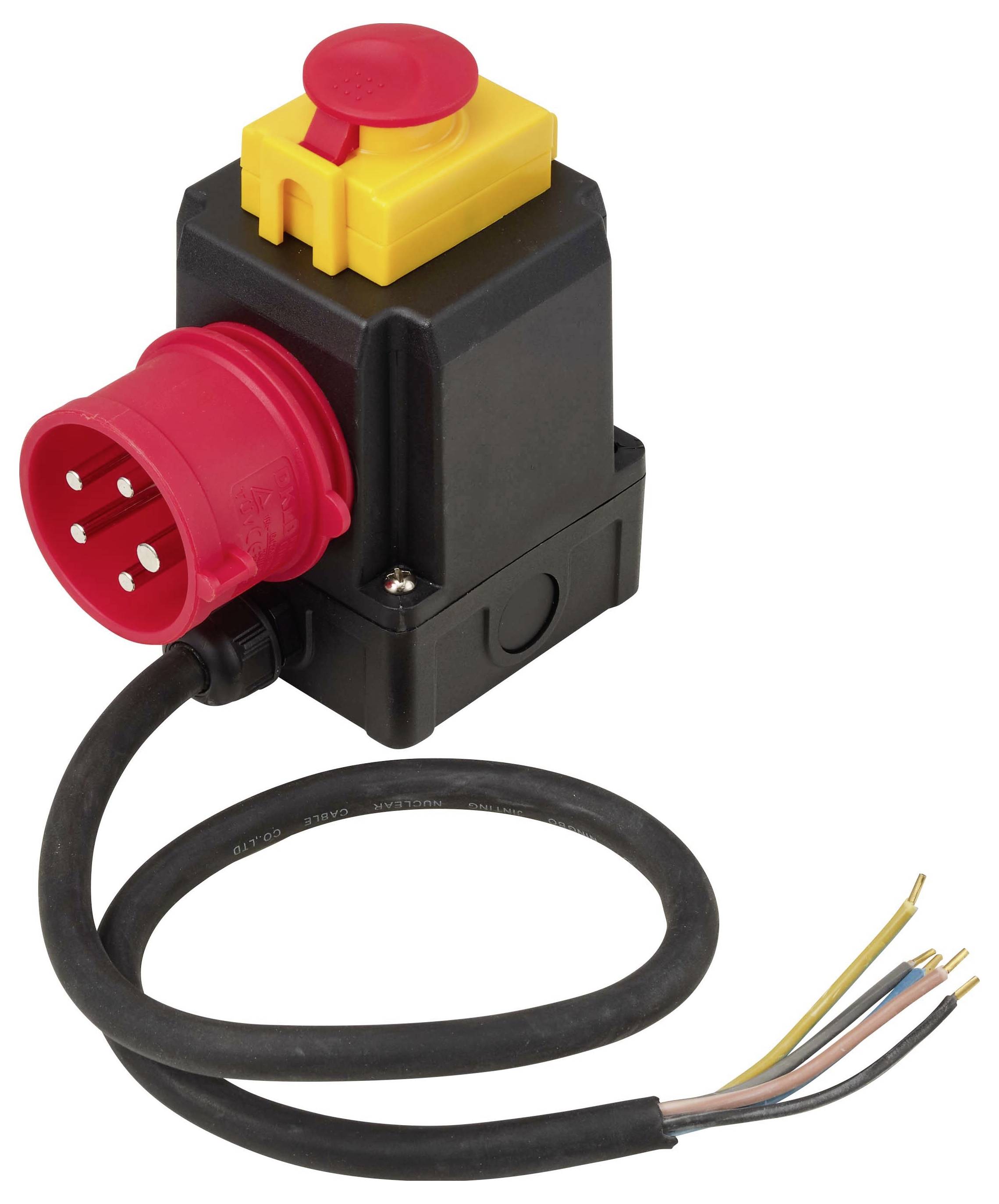 Elektrischer Steckverbinder mit roter Industriebuchse, schwarzem Gehäuse und freiliegenden mehrfarbigen Drähten