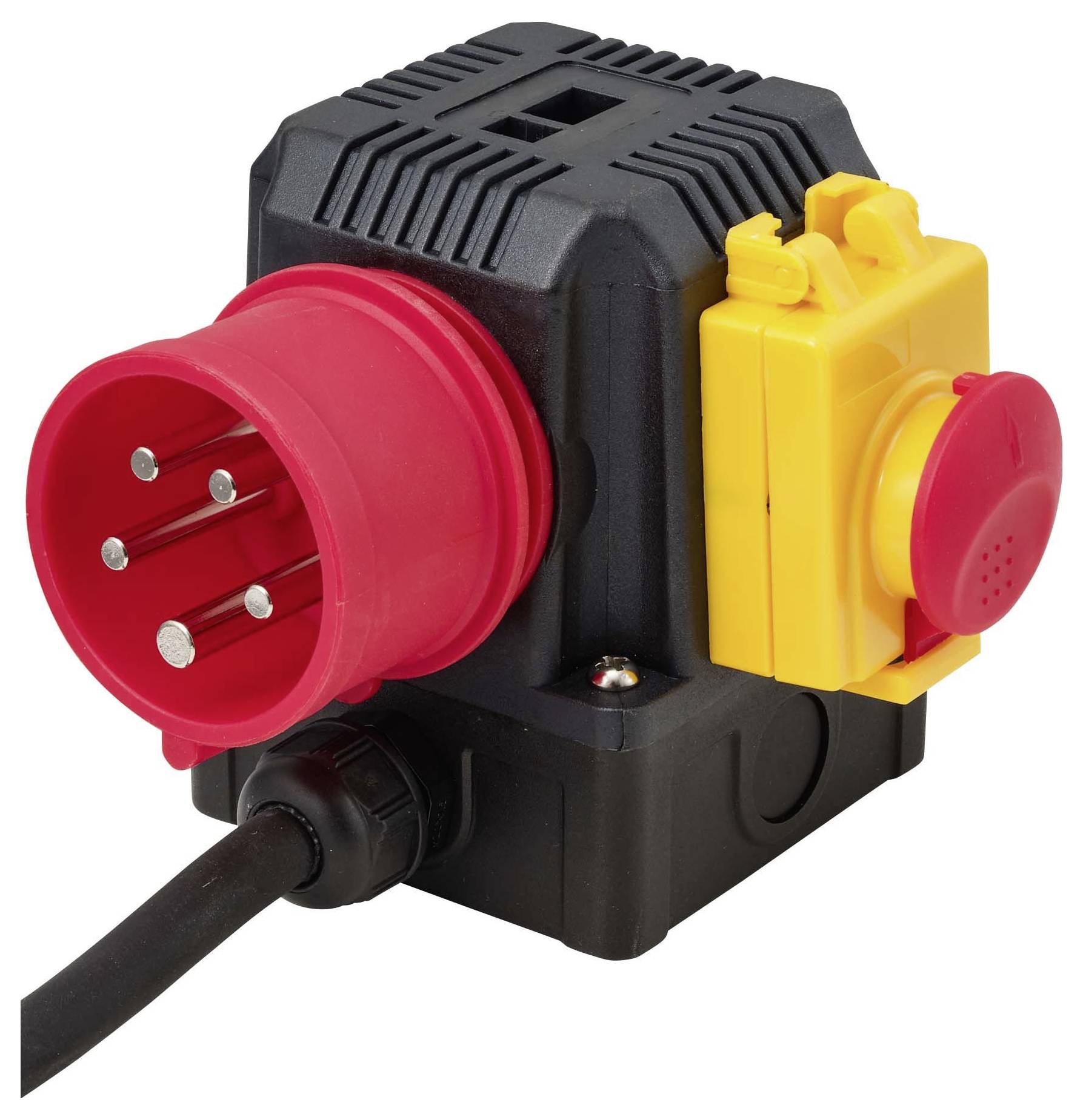 Industrieller Stromadapter mit rotem vierpoligem Stecker, gelber Steckdose und angeschlossenem schwarzem Stromkabel auf weißem Hintergrund.