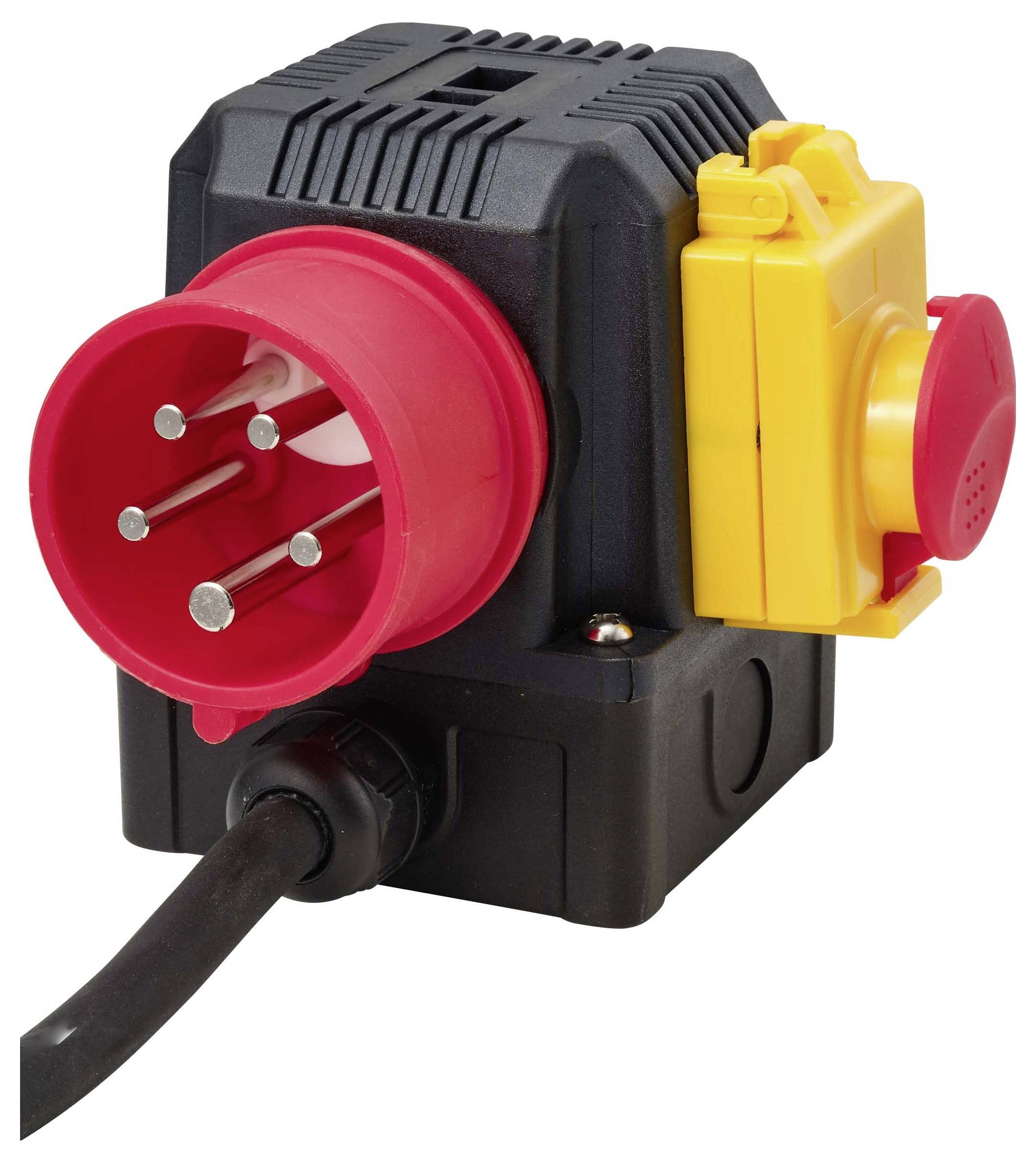Industrieller Elektrostecker-Adapter mit einem roten 4-poligen Anschluss, gelbem Schaltergehäuse und angebrachtem schwarzem Stromkabel auf weißem Hintergrund.