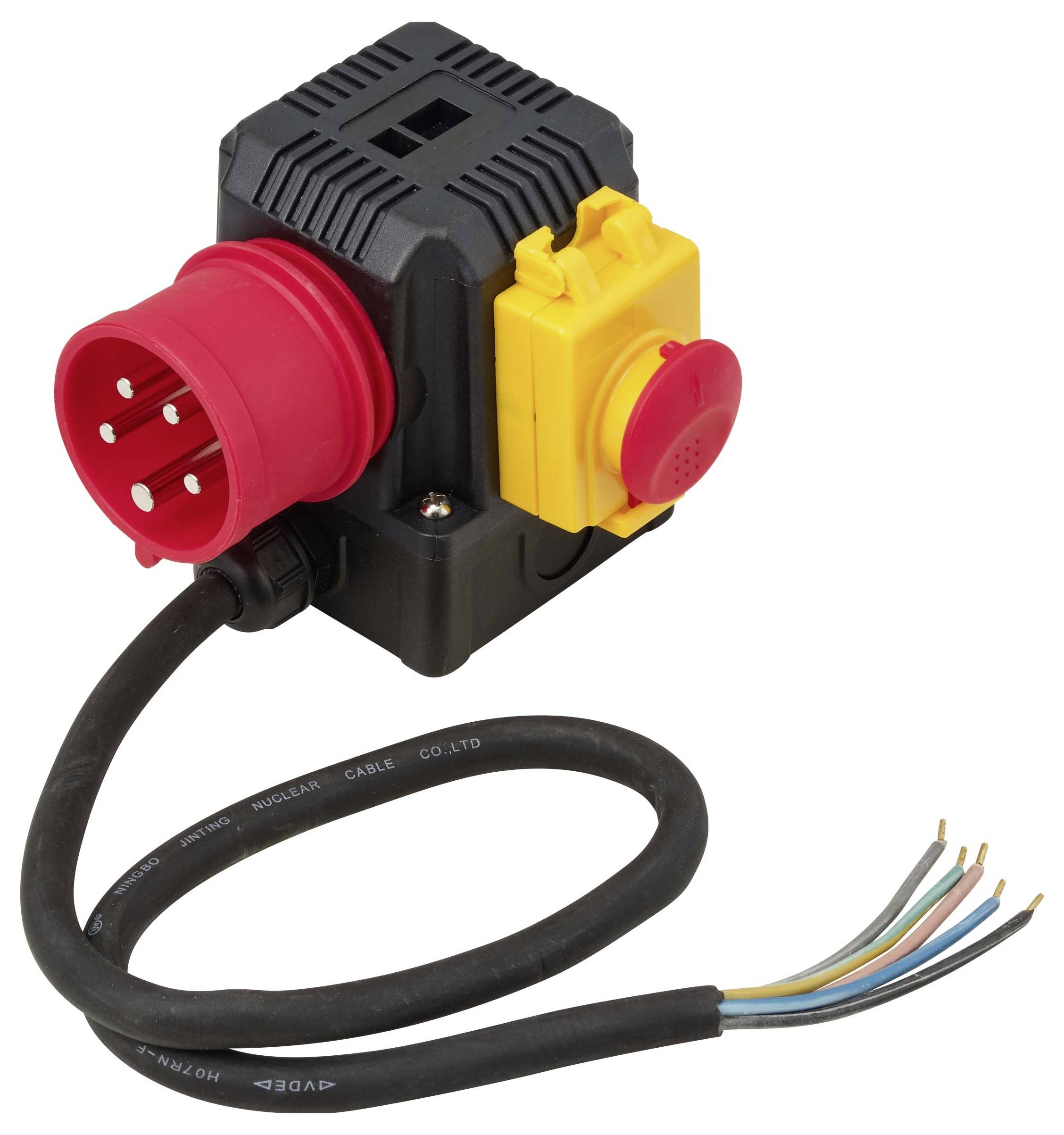 Industrie-Stromkabeladapter mit roten und gelben Anschlüssen und freiliegenden Drahtenden auf einem schwarzen Gehäuse