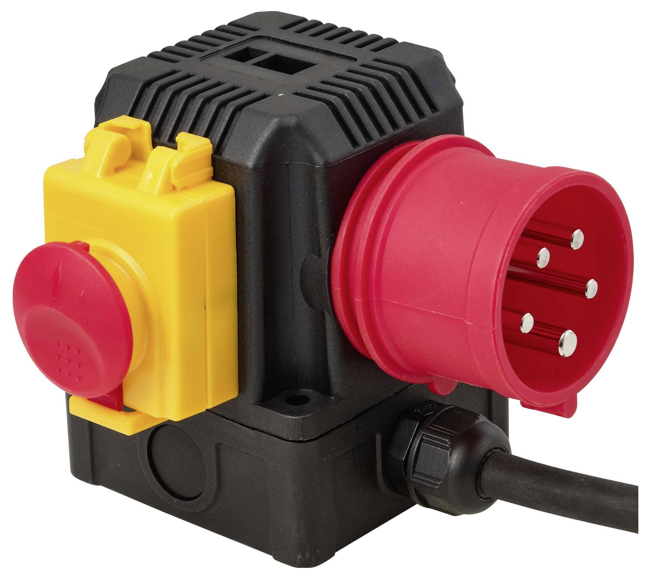 Industrieller Stromstecker-Adapter mit rotem 4-pol-Stecker, gelbem Schalterabdeckung und angeschlossenem schwarzem Kabel auf schwarzem Gehäuse.