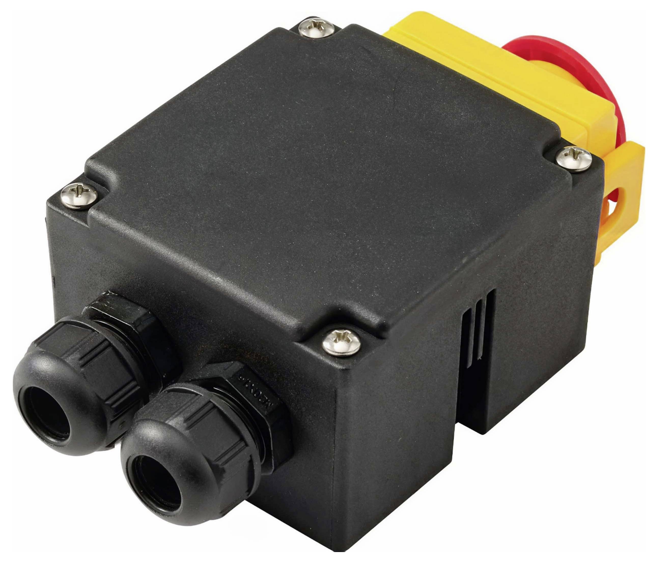 Schwarzes Gehäuse für elektrischen Trennschalter mit zwei Kabeleinführungen und einem roten/gelben Drehgriff an der Seite
