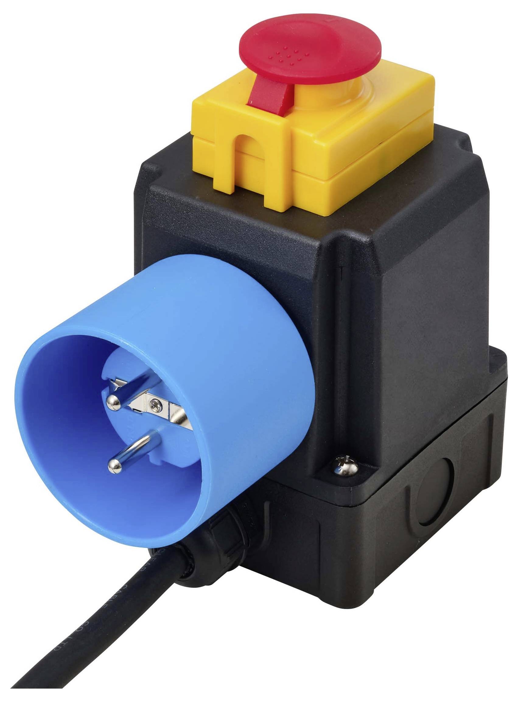 Schwarzer Elektrischer Steckeradapter mit blauem Anschluss, gelbem Schalter und rotem Rücksetztaste oben, auf weißem Hintergrund dargestellt.