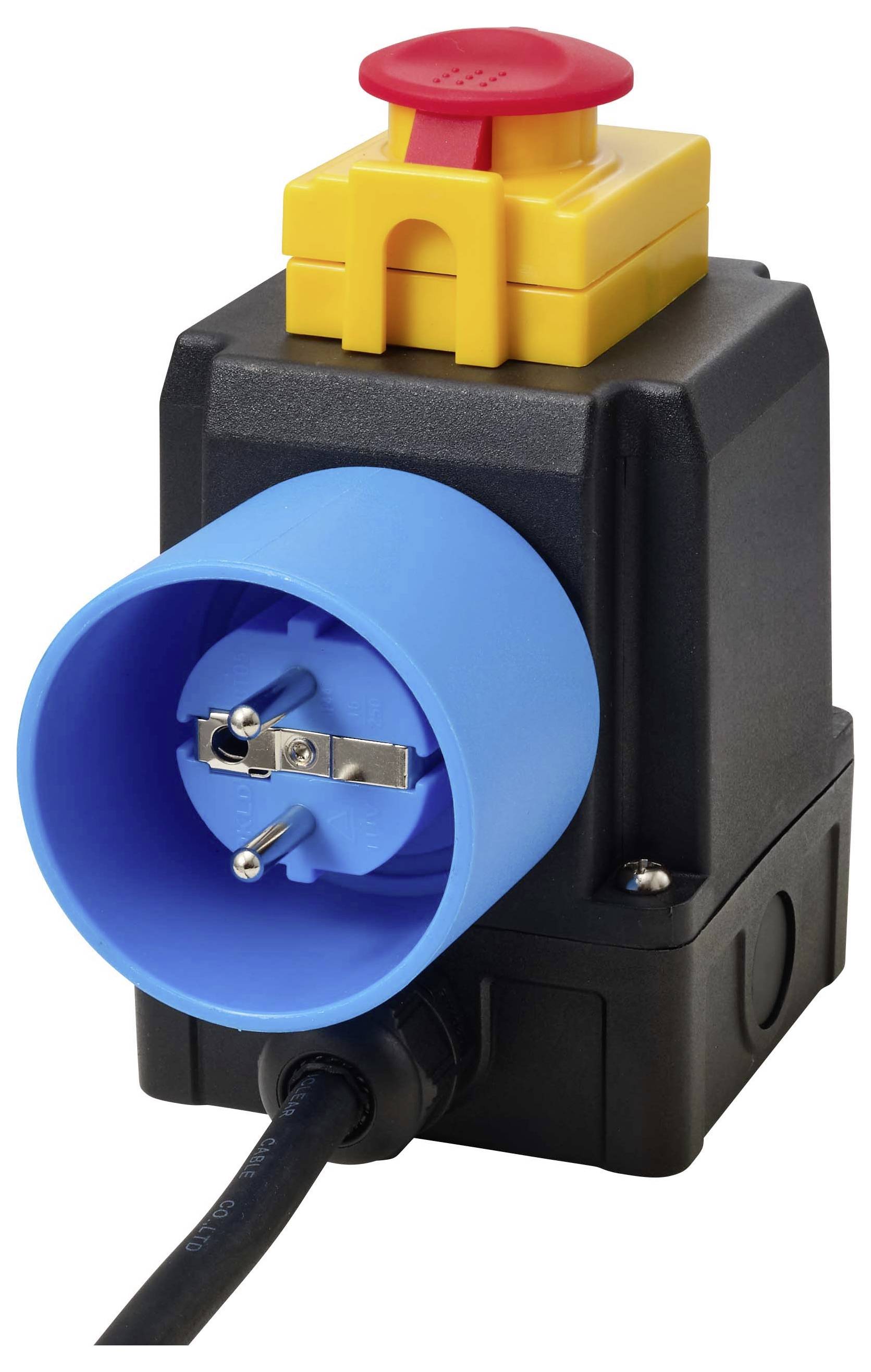 Stromstecker-Adapter mit einem blauen europäischen Stecker an einem schwarzen Stromkonverter und einer gelb-roten Buchse oben, vor weißem Hintergrund dargestellt.