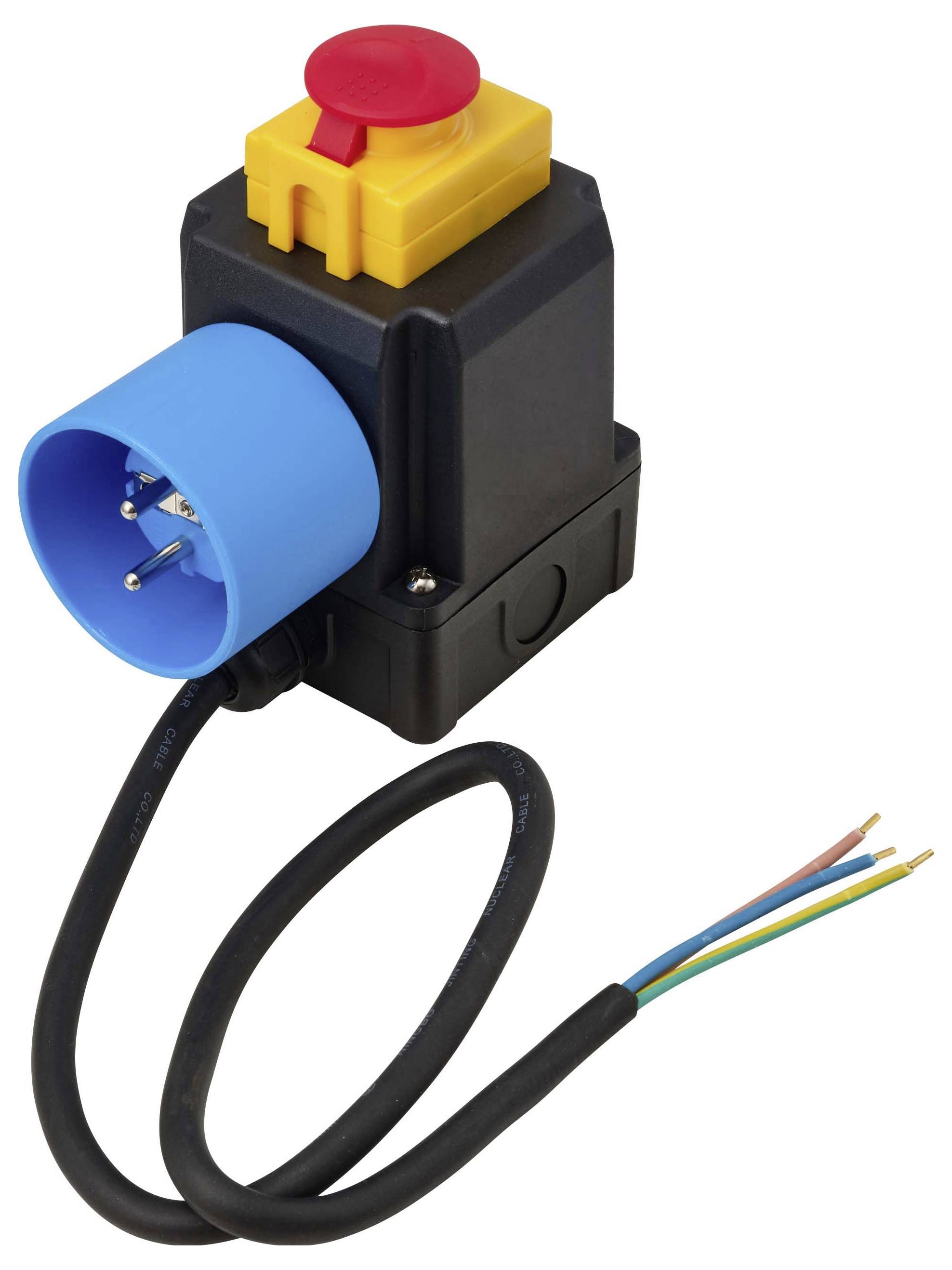 Industrieller Elektrostecker-Adapter mit blauem 3-Pol-Anschluss, schwarzem Gehäuse, rotem/gelbem Schalter und freiliegenden Drahtanschlüssen.
