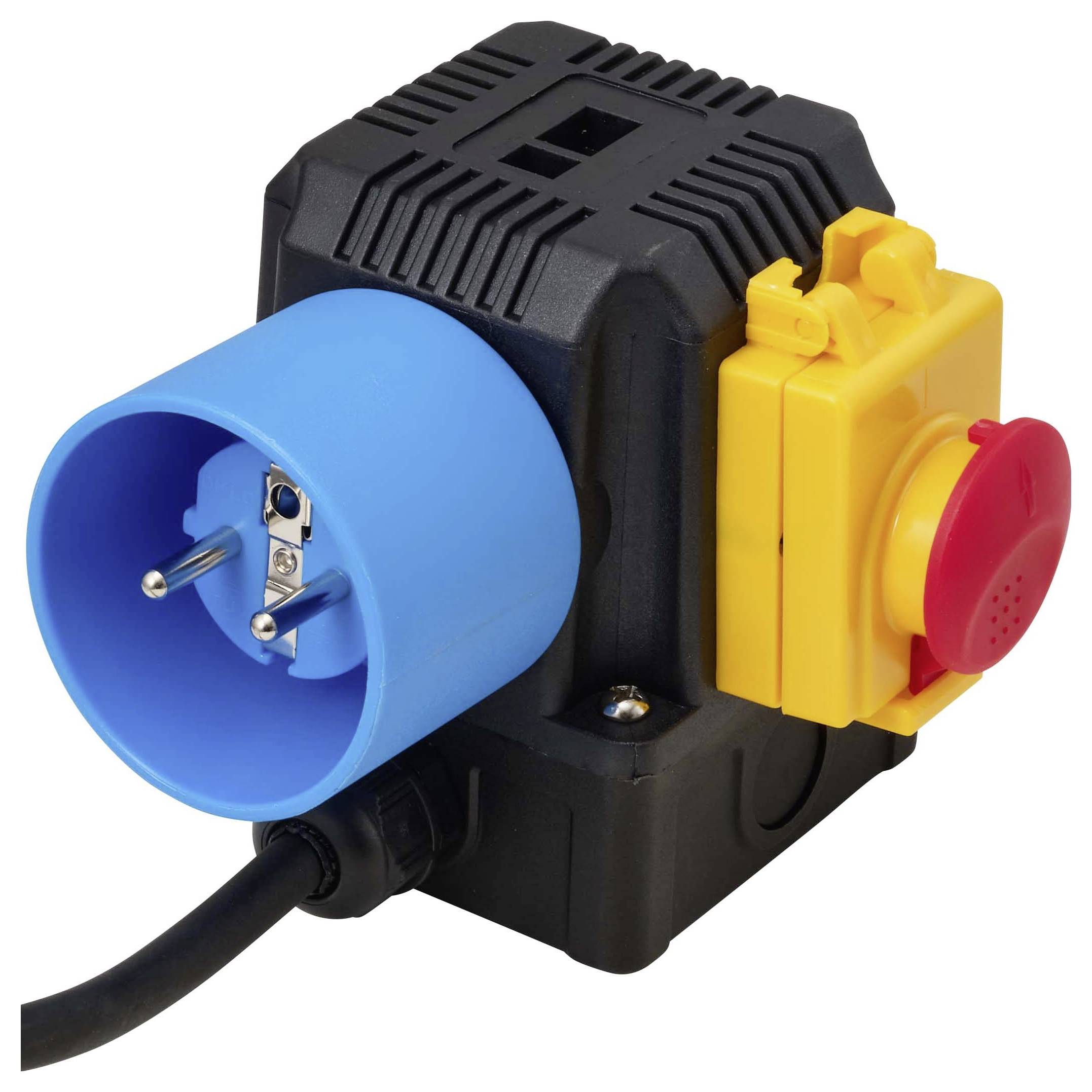 Industrieller Elektrostecker-Adapter mit blauem Steckerstift, gelbem Schalter und rotem Notausschalter auf schwarzem Gehäuse.