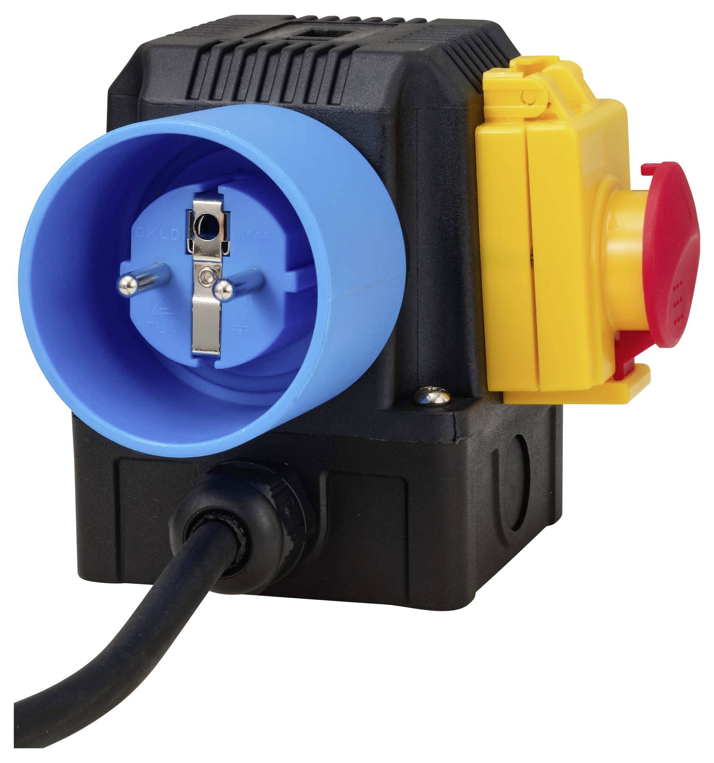 Industrieller Steckdosenadapter mit blauer Steckdose, gelbem Schalterkasten und rotem Notfallstoppknopf, mit angefügtem schwarzem Stromkabel.