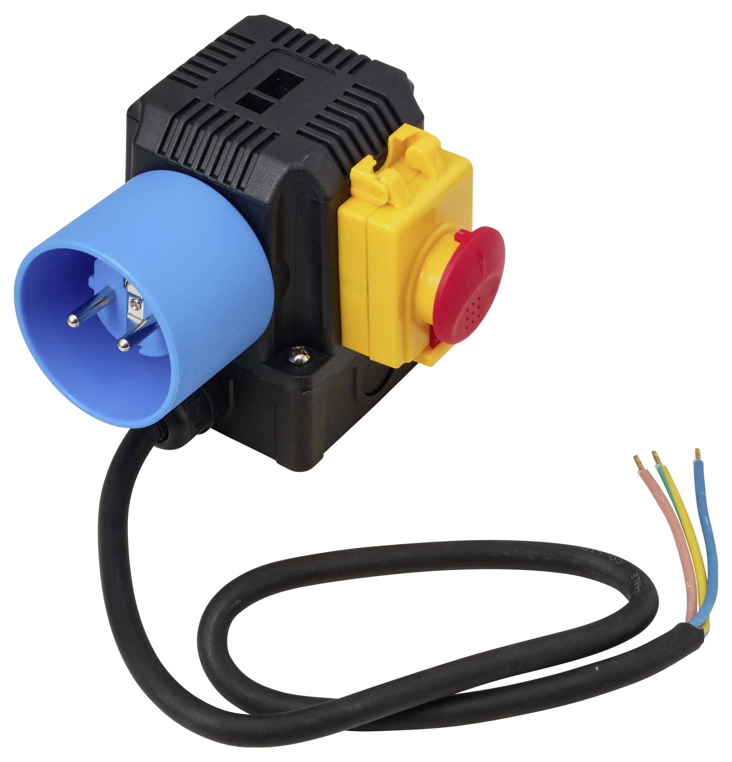 Industrieller Elektrostecker-Adapter mit blauen und gelben Anschlüssen, roter Schutzkappe und angeschlossenem schwarzem Stromkabel mit freigelegten Drahtenden.
