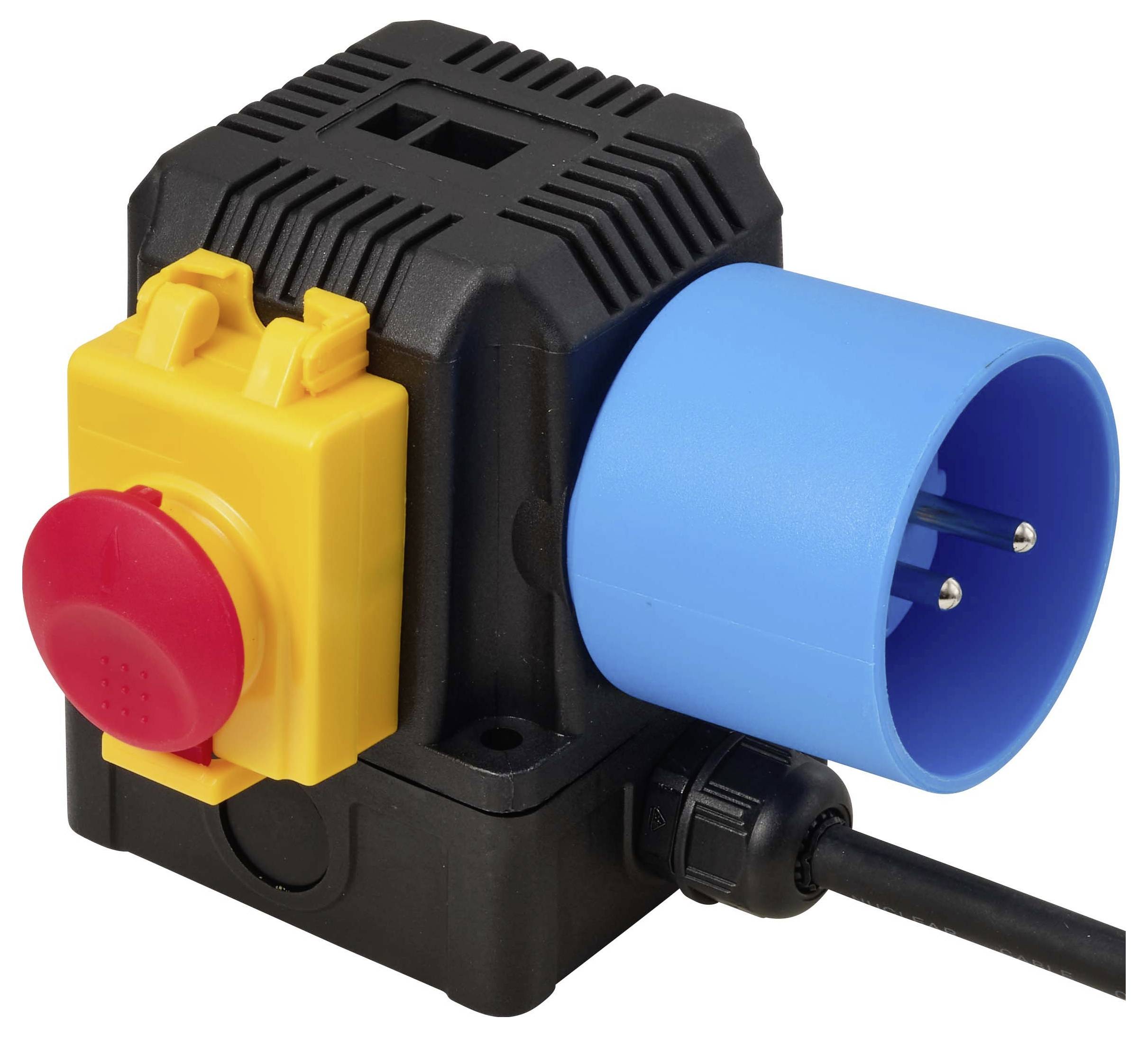 Tragbarer Stromadapter mit einem blauen Industriestecker, schwarzem Gehäuse und einem gelben Schalter mit rotem Knopf, der an einem Kabel befestigt ist.