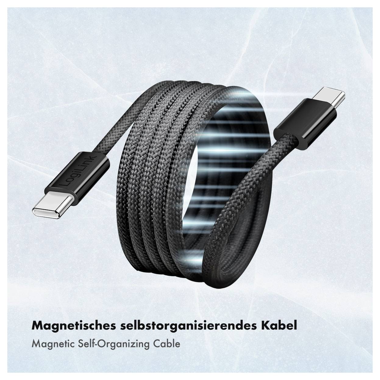 Ein aufgerolltes magnetisches selbstorganisierendes USB-C-Kabel mit Anschlüssen an beiden Enden, dargestellt auf hellblauem Hintergrund mit dem Text „Magnetisches selbstorganisierendes Kabel