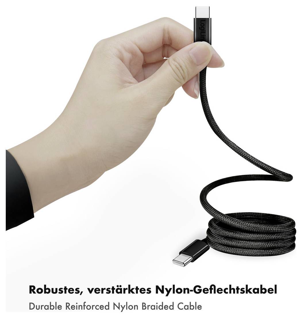 Hand hält ein geflochtenes USB-C-Kabel, das ein aufgerolltes, langlebiges, verstärktes Nylon-Kabel mit Stecker zeigt; der Text lautet „Robustes, verstärktes Nylon-Geflechtskabel