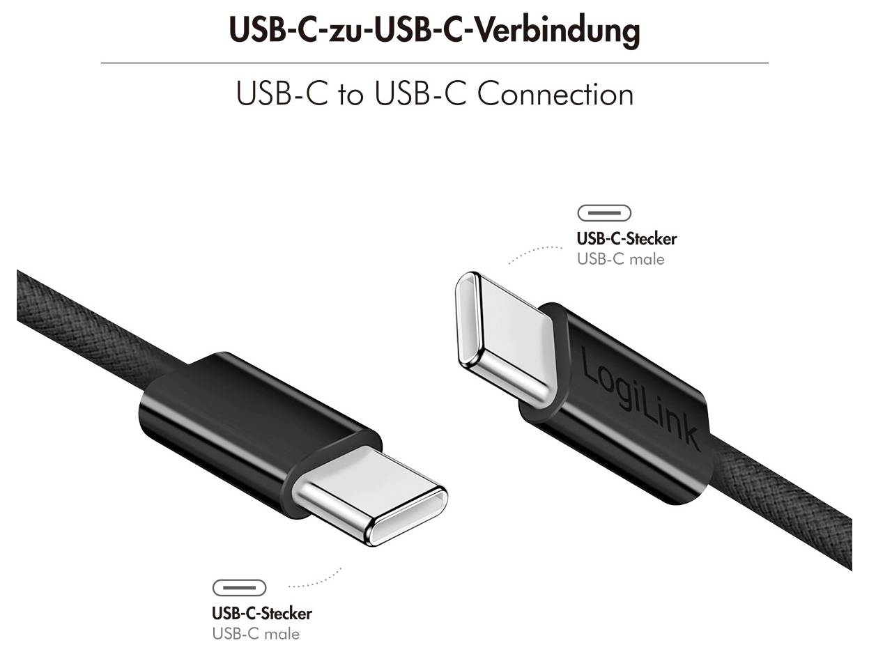 Diagramm, das eine USB-C-zu-USB-C-Verbindung zeigt, mit zwei USB-C-Stecker-Kabelenden mit Beschriftungen auf Deutsch und Englisch.