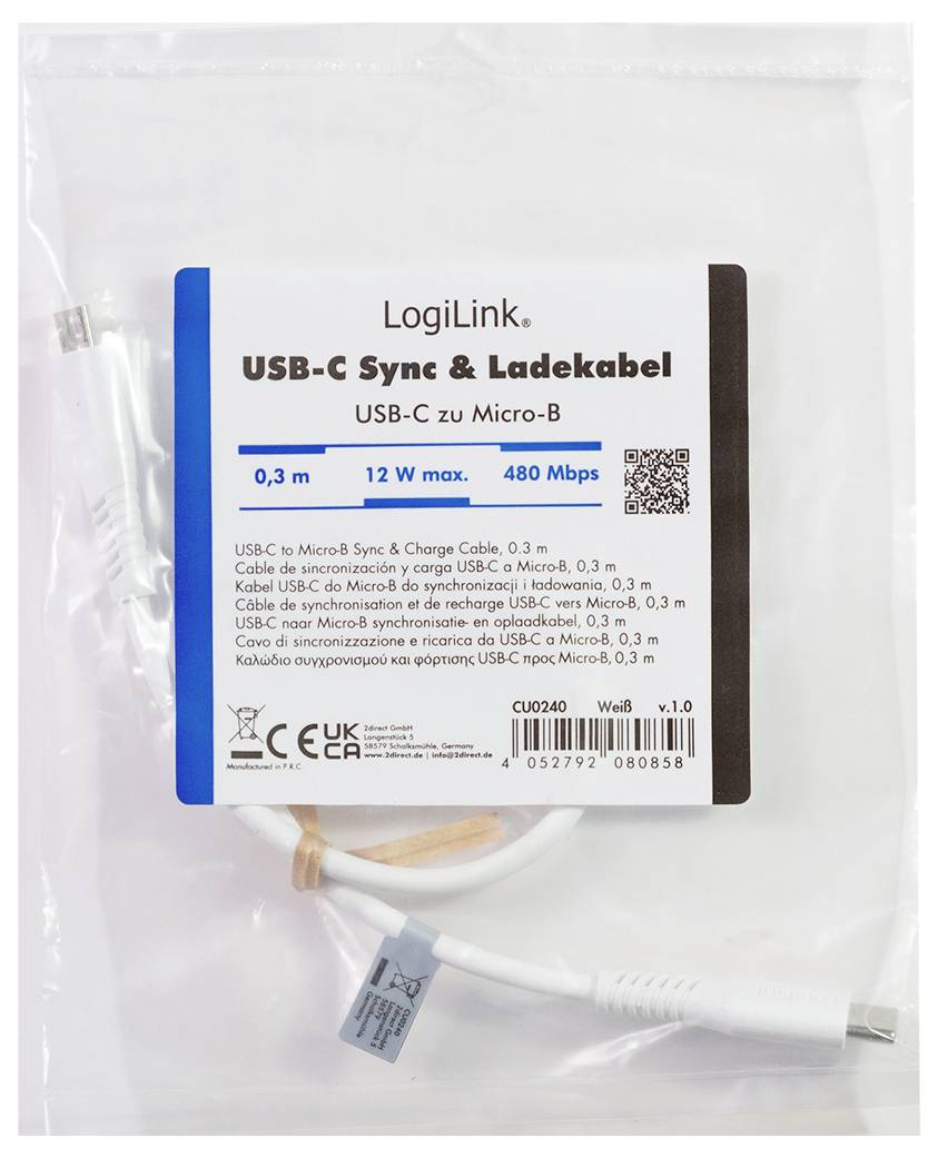 LogiLink USB-C® Kabel USB 2.0 USB-C® Stecker, USB-Micro-B Stecker 0.3m Weiß CU0240