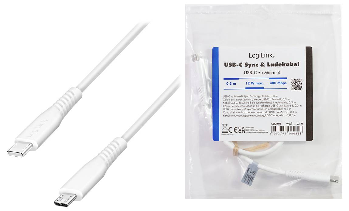 USB-C zu Micro-B Kabel neben Einzelhandelspackaung mit Beschriftung 