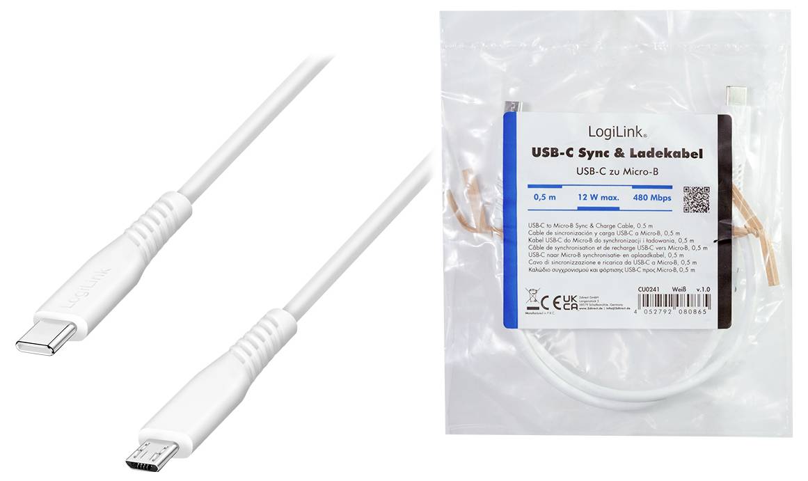 LogiLink USB-C® Kabel USB 2.0 USB-C® Stecker, USB-Micro-B Stecker 0.5m Weiß CU0241