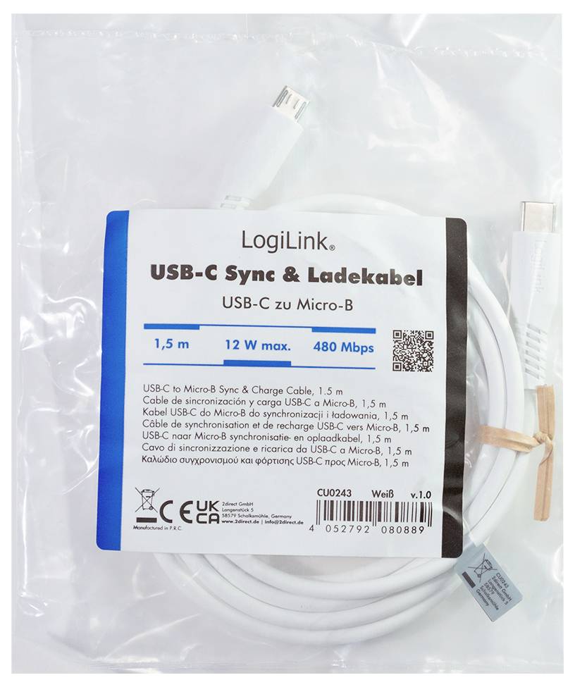Verpacktes LogiLink USB-C Synchronisierungs- und Ladekabel, USB-C zu Micro-B, 1,5 m, maximal 12 W, 480 Mbps.