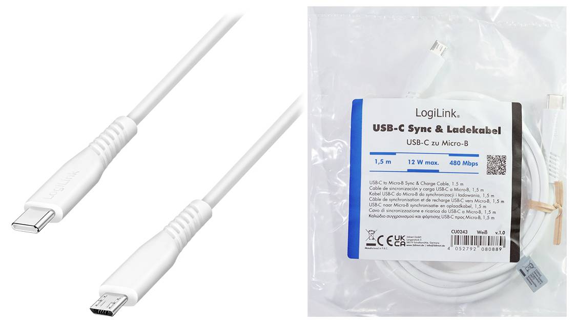 Weißes USB-C-Ladekabel mit USB-C- und Micro-B-Stecker, gezeigt mit Einzelhandelsverpackung mit der Bezeichnung „LogiLink. USB-C Synk. und Ladekabel