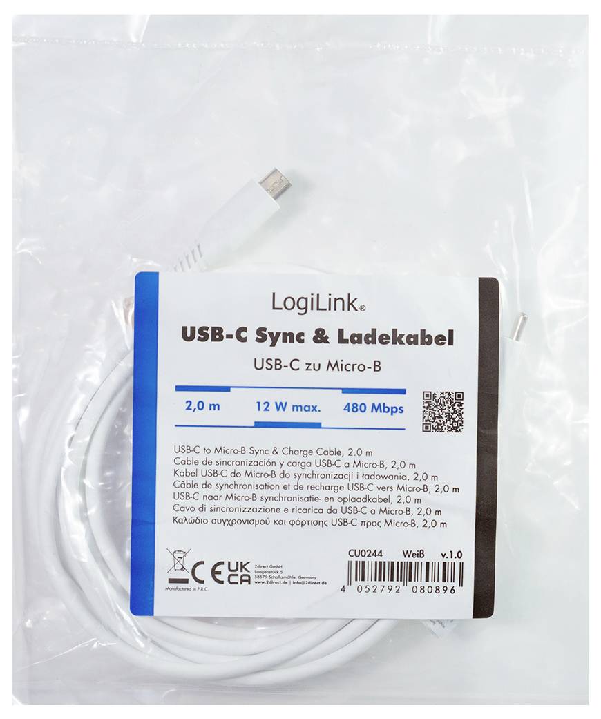 Verpacktes LorgiLink USB-C Synchronisierungs- und Ladekabel, beschriftet mit „USB-C zu Micro-B
